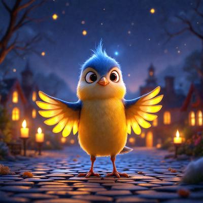 The primary subject of the image is a small yellow bird with blue wings, standing on a cobblestone street. The bird appears to be a character from a children's storybook. The setting is a nighttime scene with a village in the background. The visual style is a digital art illustration, giving the image a whimsical and imaginative feel. The dominant colors are yellow and blue, creating a warm and inviting atmosphere.